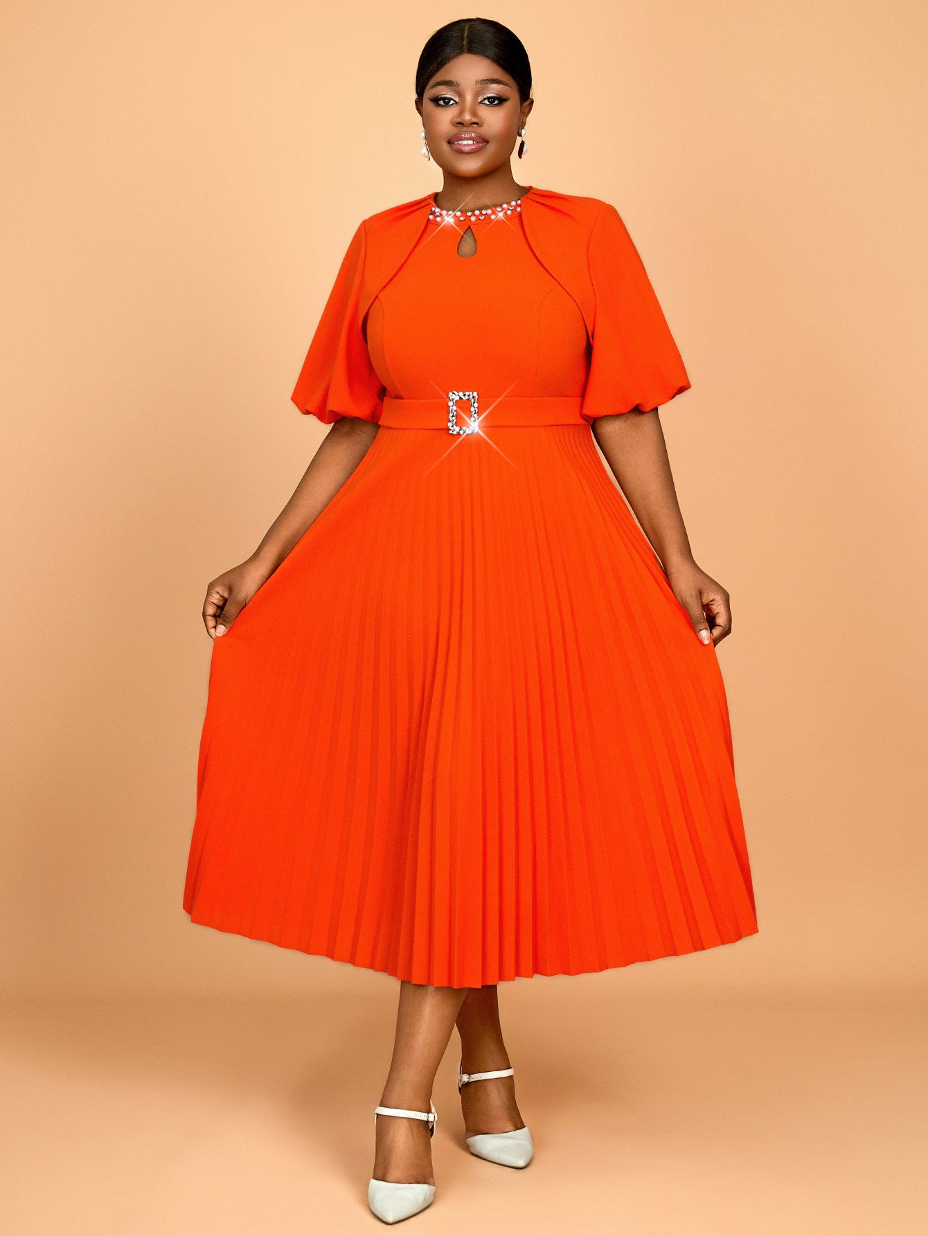 Bright Orange Puff-Sleeve Dress Fashionable Solid Color Party & Career Pleated Dress 6