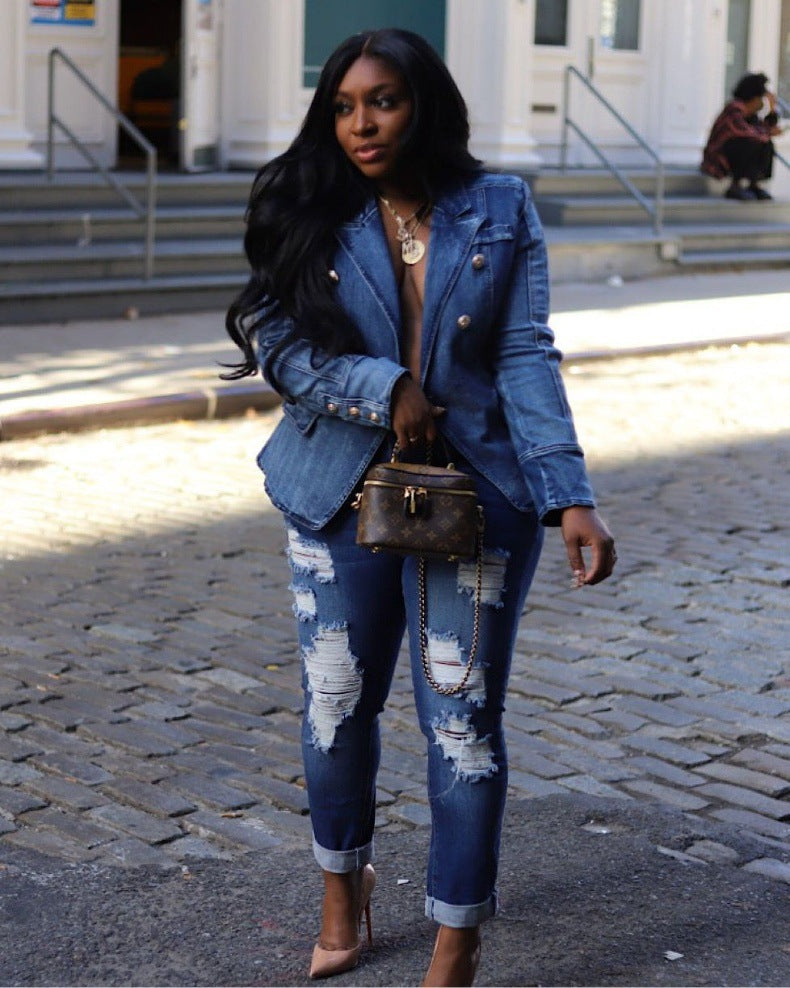 Women Button Denim Blazer Jacket 3