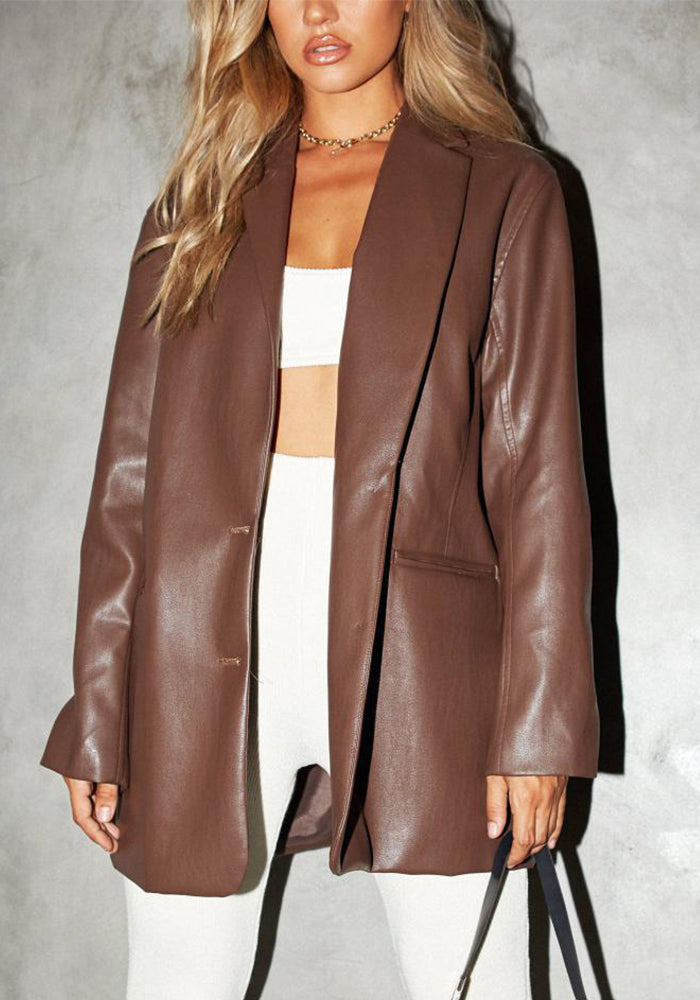 Women Fall/Winter Casual PU-Leather Blazer Coat
