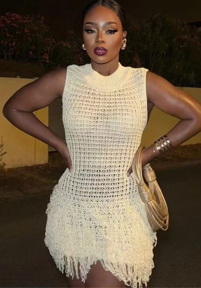 Women Summer Sexy Sleeveless Tassel Hollow Elegant Patchwork Dress