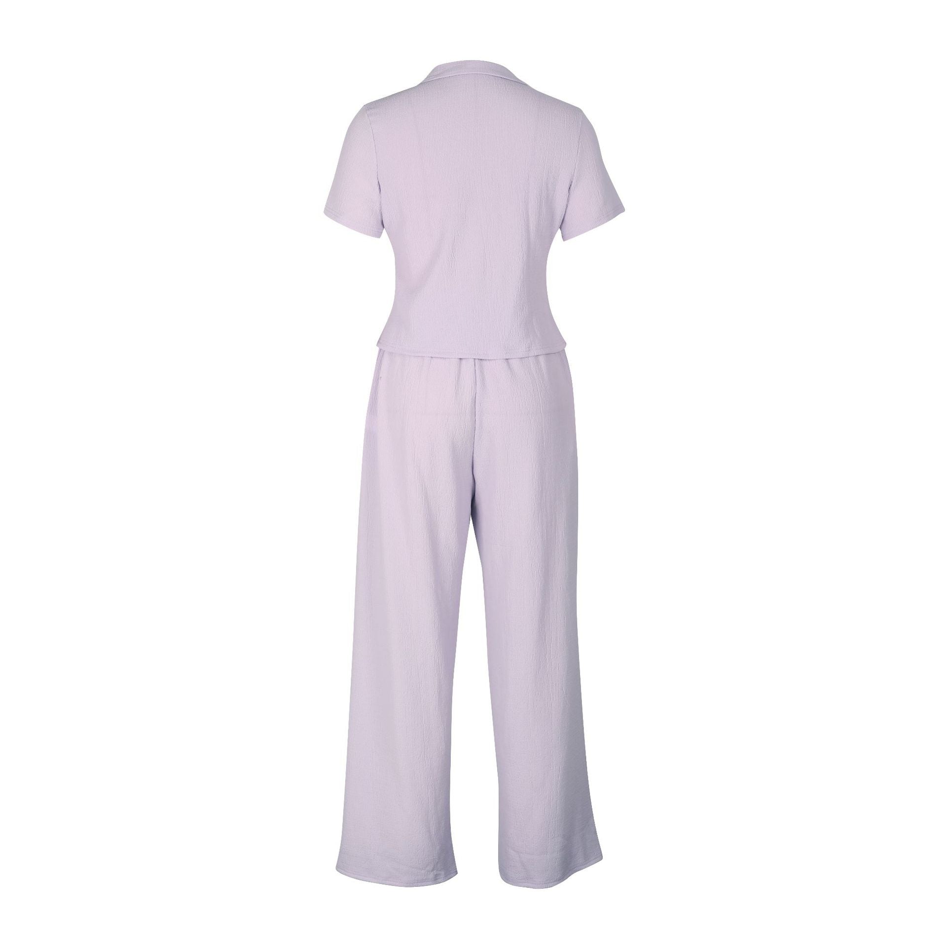 Women short-sleeved loose pleated v-neck shirt and trousers two-piece set 21