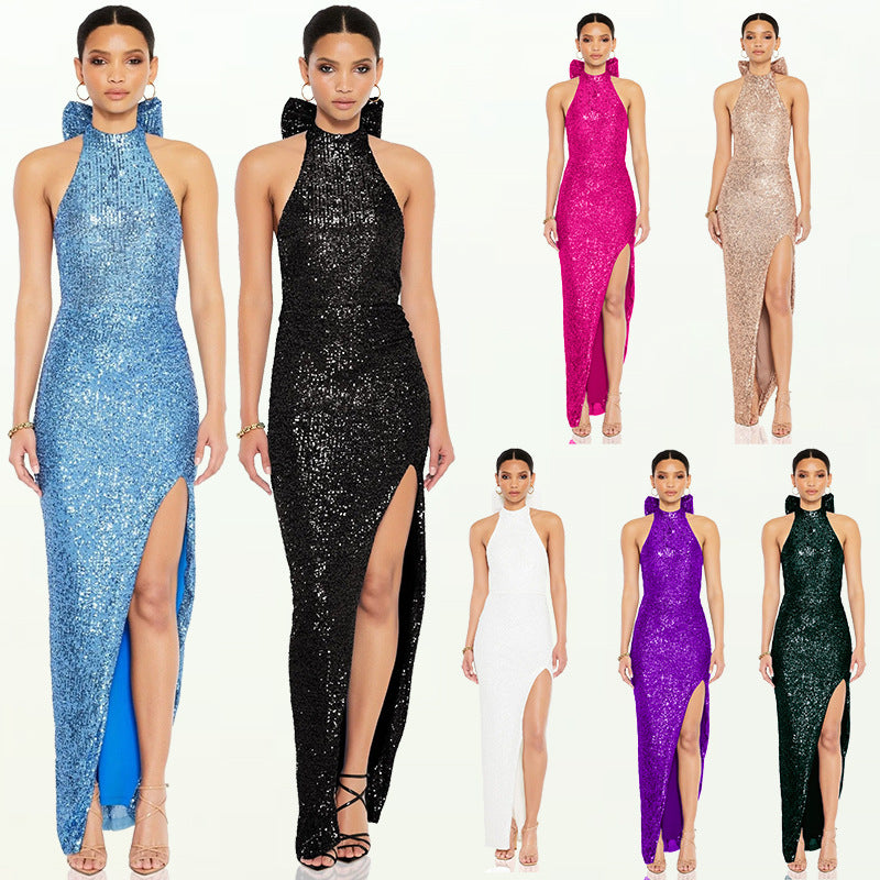 Women sequin split Halter Neck big bow Maxi Evening Dress 9