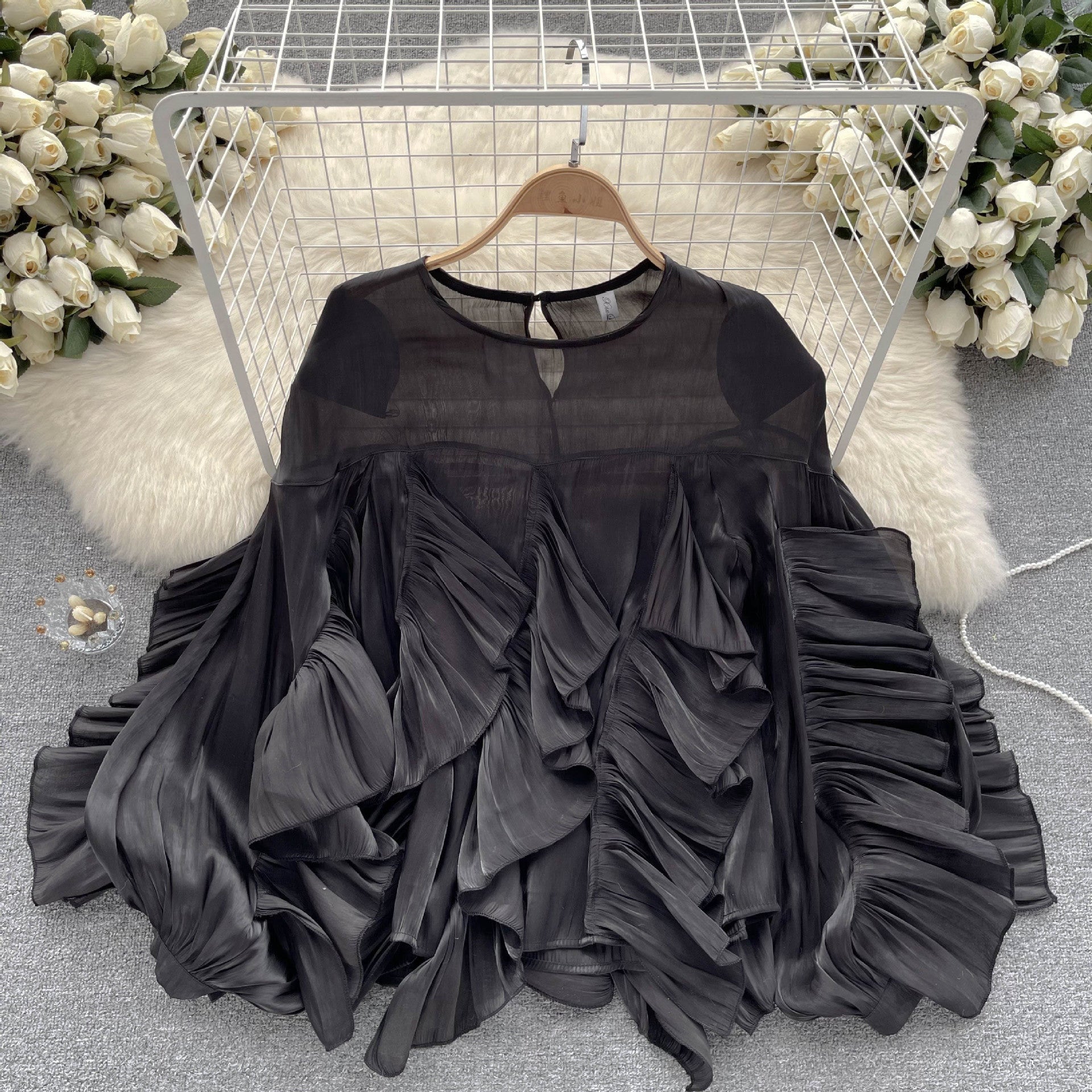 Irregular Ruffled Long-Sleeve Chiffon Blouse Autumn Loose Shirt 5