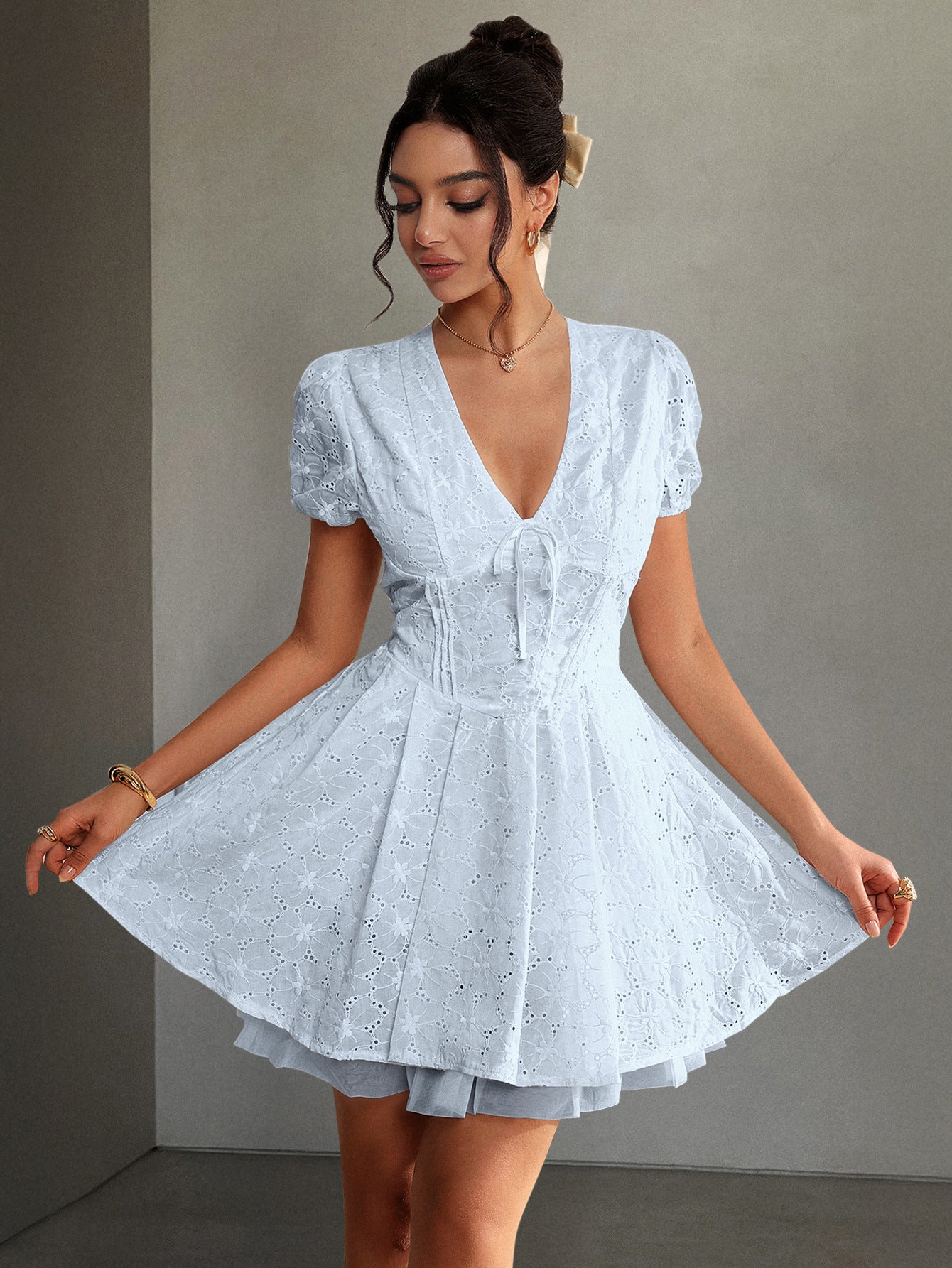 Spring/Summer Women's Elegant Deep-V Hollow Short Dress 5