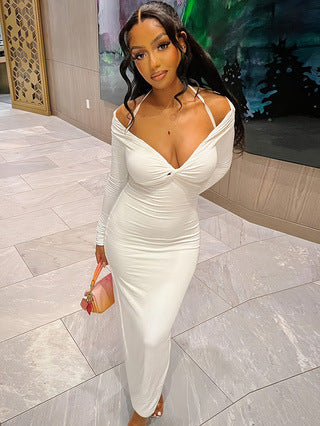 Women's Autumn Sexy Off Shoulder Fashion Long Sleeve Pleated Design Long Dress 4