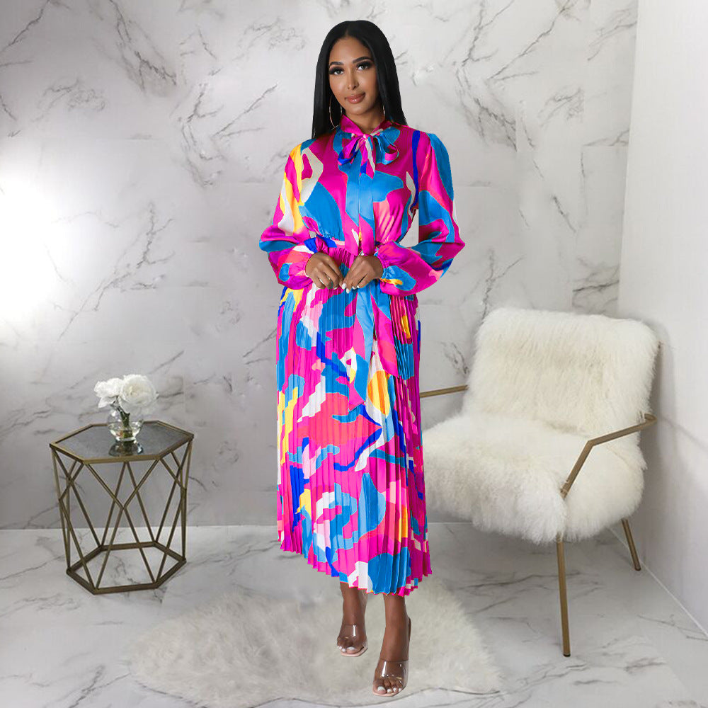 Women's Tie Long Sleeve Printed Pleated Dress 12