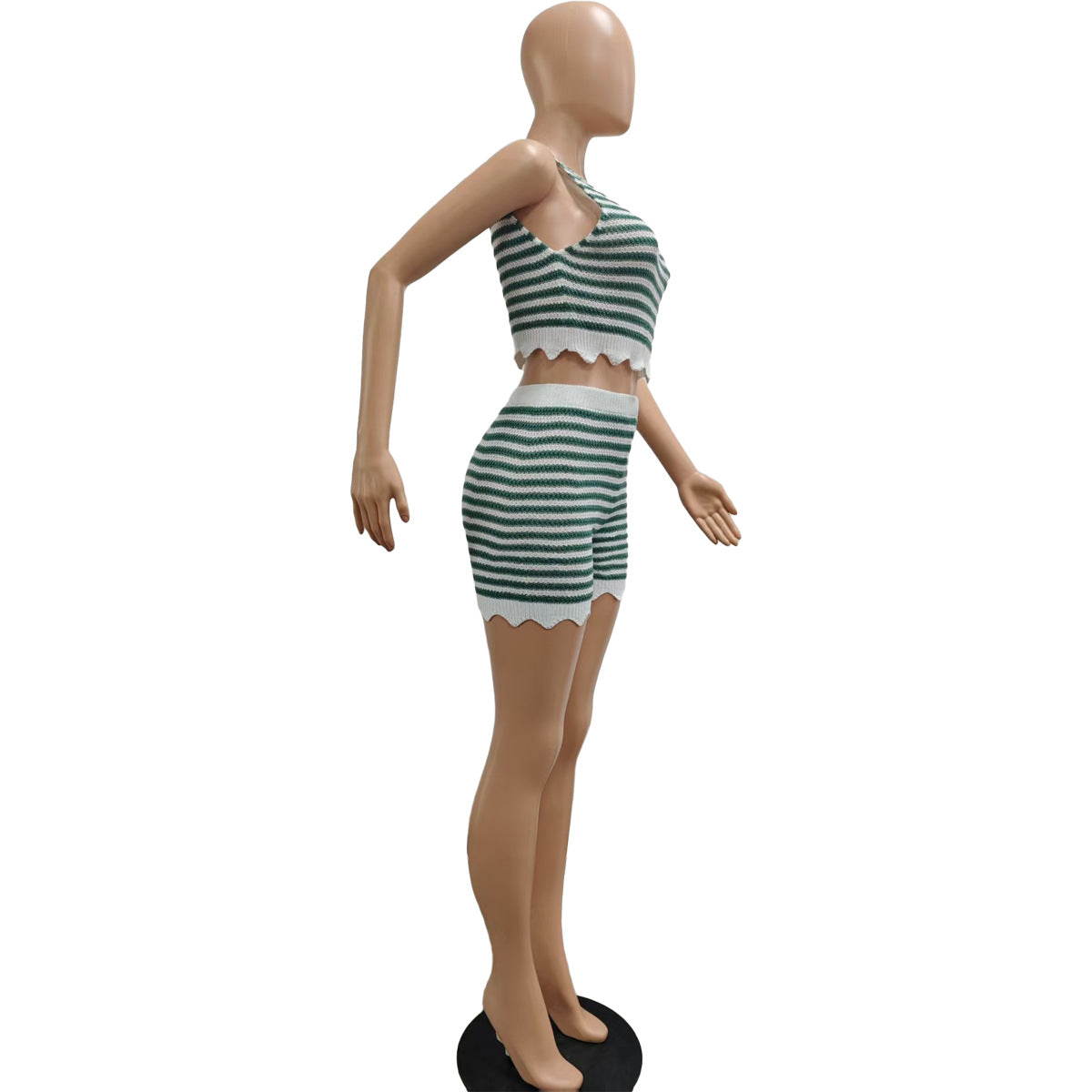 Fashion Casual Summer Contrast Color Knitting Short Sleeve Two Piece Shorts Set 10