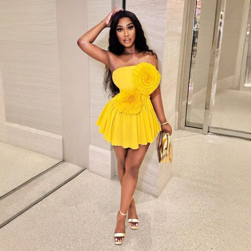 Summer Flower Embellished Strapless High-Waist A-Line Mini Dress