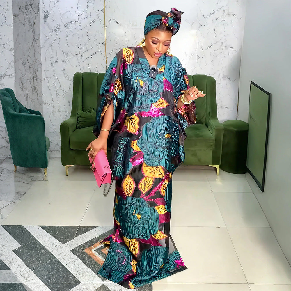 Plus Size Women African Ethnic Printed Robe and Headband Dress 3