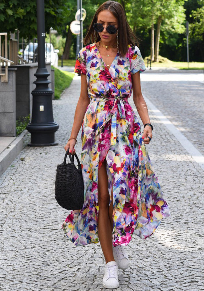 Women's Holidays Polka Dot Print Lace-Up Slim Waist V-Neck Short Sleeve Maxi Dress