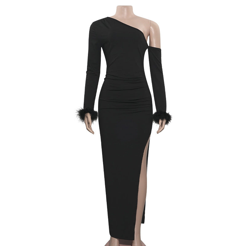 Spring Solid Color Slash Shoulder Feather Patchwork Sexy Slit Slim Dress 8