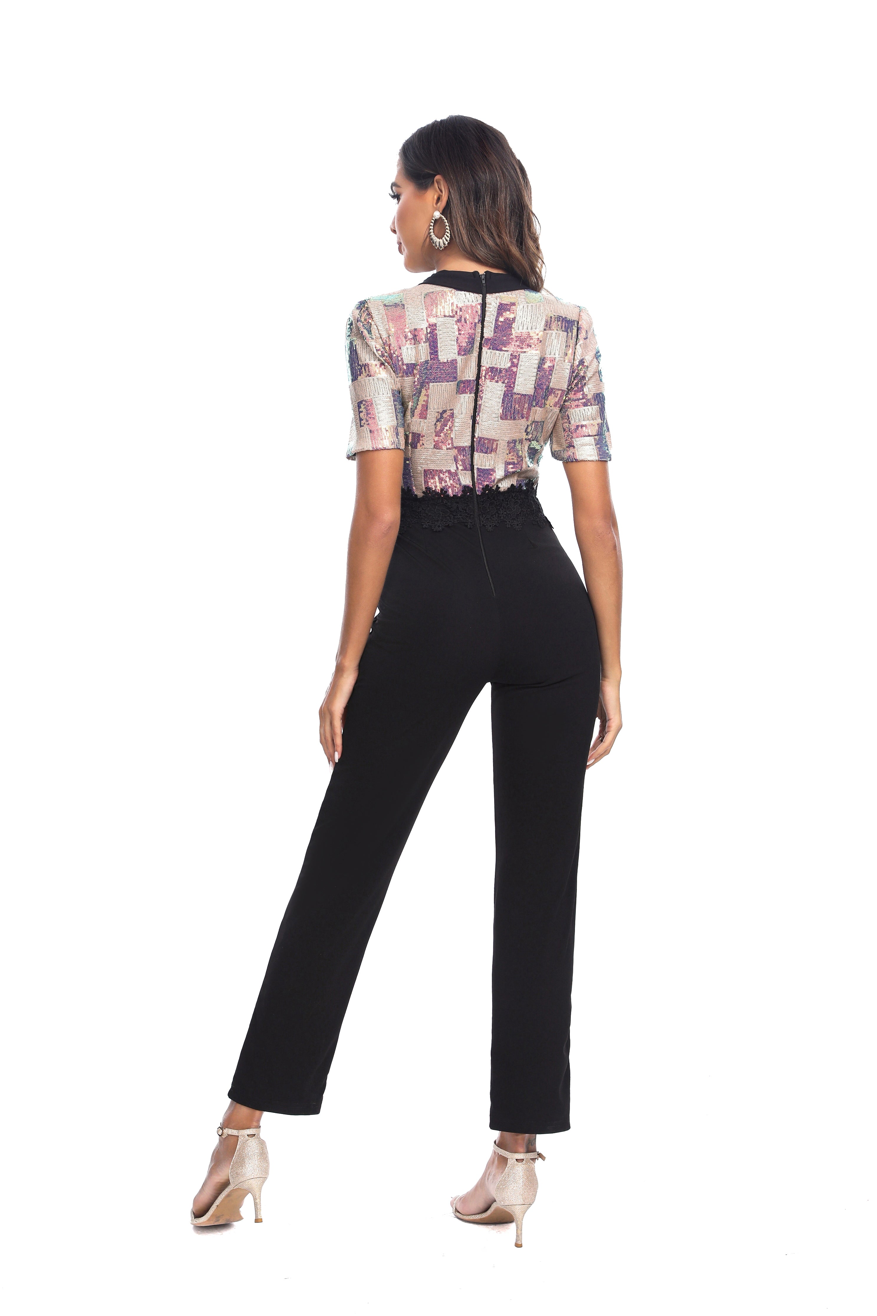 sexy plaid sequins patchwork short sleeve forma jumpsuit 4