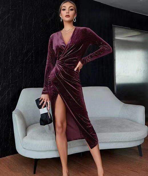 Women Sexy Leg-Exposing Long Sleeve Velvet Dress 7