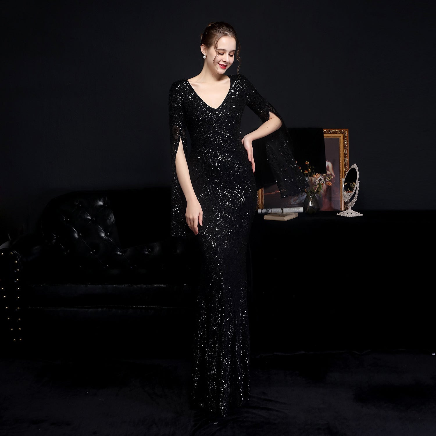 Autumn occasional sheer sequin V-Neck mermaid evening dress 13