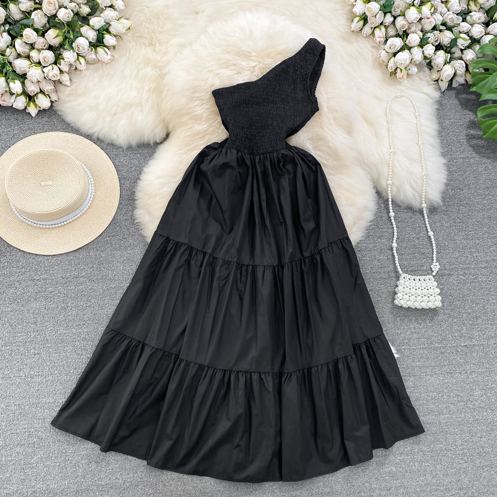 Retro Chic Sleeveless Slash Shoulder Slim Waist Slim Fit Beach Holidays A-Line Long Dress 10