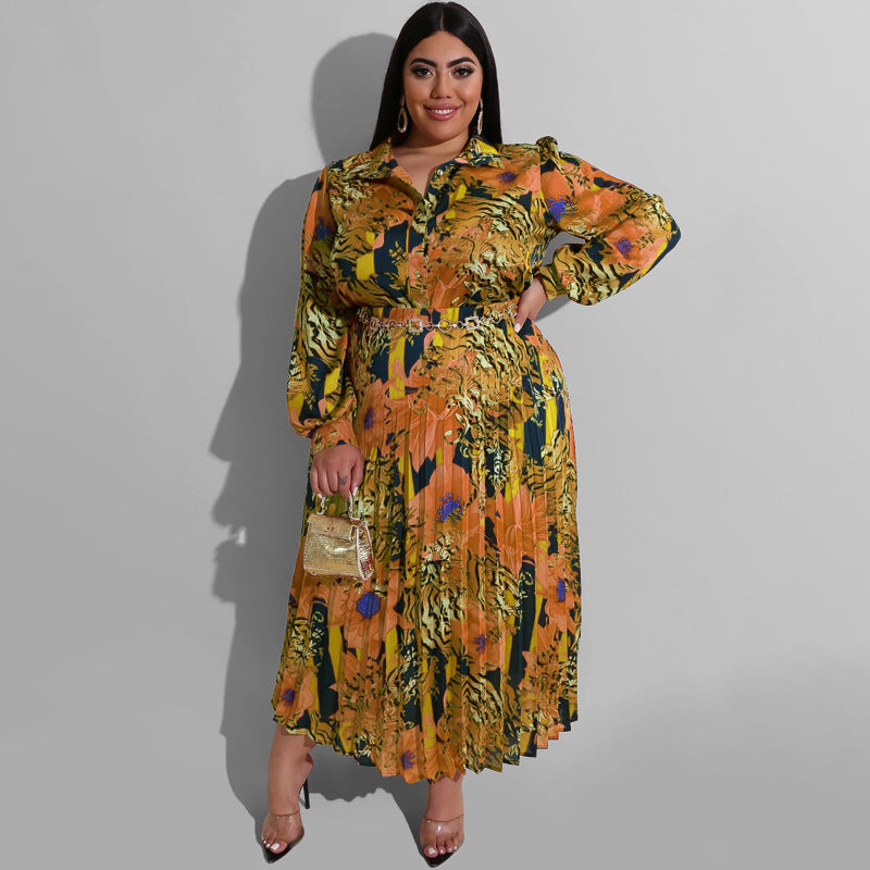 Plus Size Women Printed Long Sleeve Top + Ruched Skirt Two-Piece Set 11