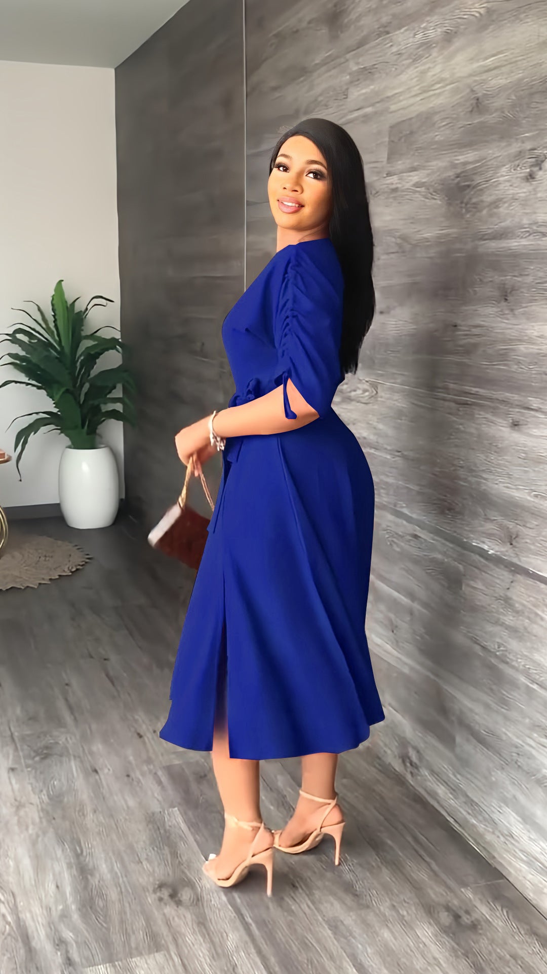 Slash-Shoulder Slim Waist Midi Casual Dress 7