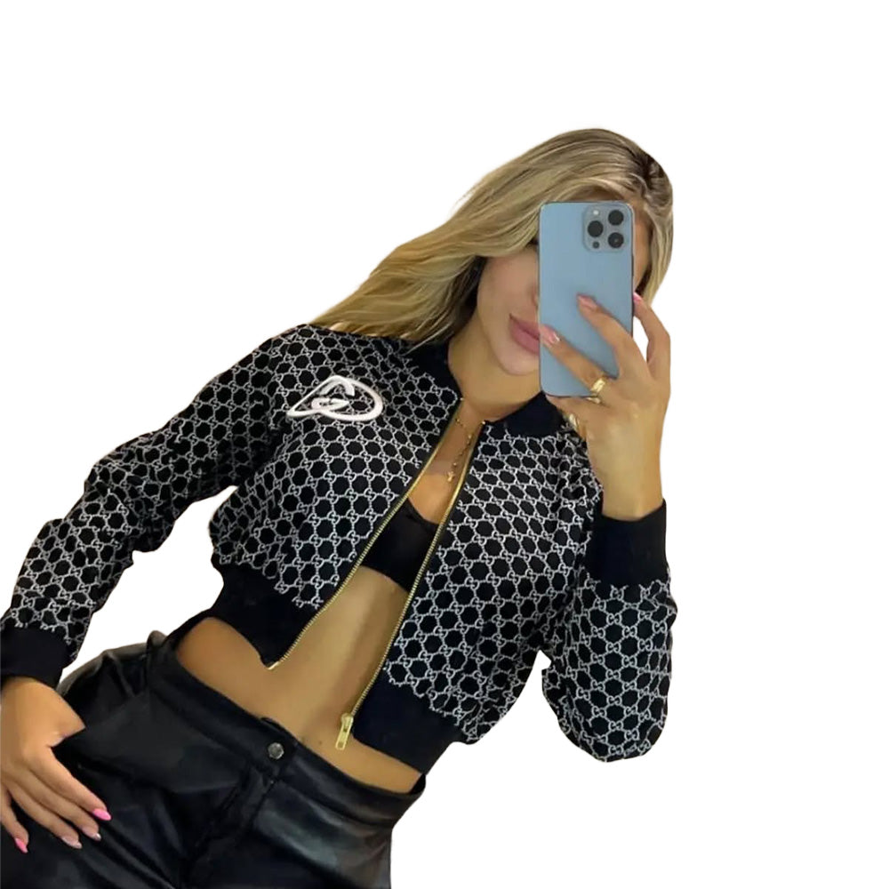 Women Printed Embroidered Ribbed Long-Sleeved Zippered Jacket 6