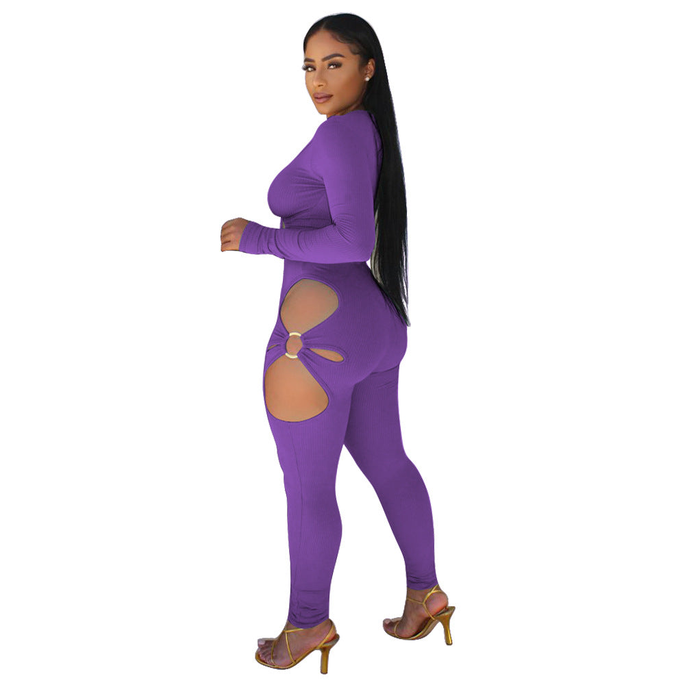 Fashionable Women's Solid Color High-Stretch Ribbed Sexy V-Neck Two-Piece Pants Set 32