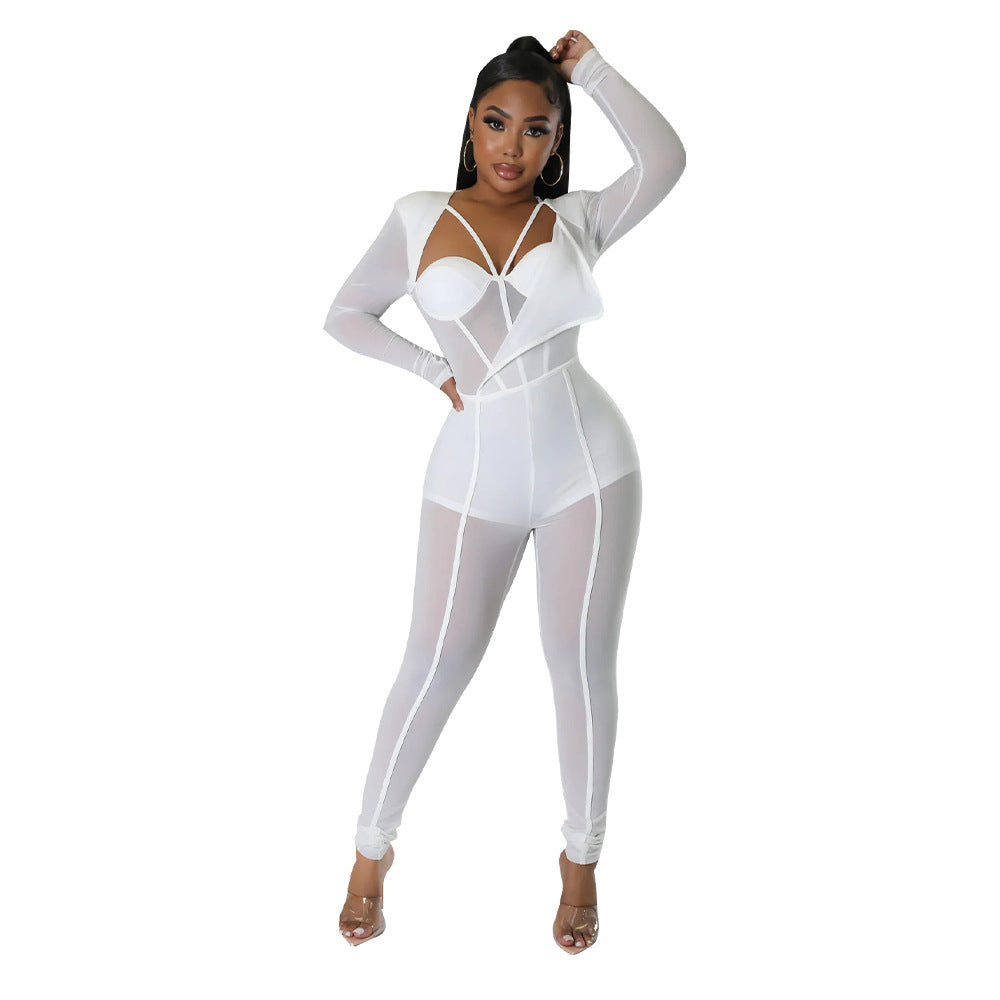 Women Sexy See-Through V-Neck Jumpsuit 12