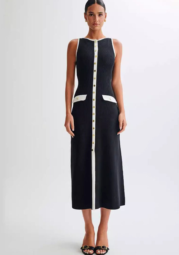 Women Knitting Elegant Sleeveless Button Dress