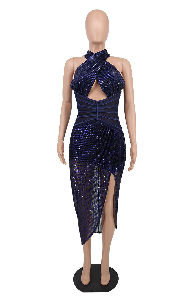 Women Clothing Summer Ladies Sleeveless Cross Neck Keyhole Fashion Irregular Sequins Party Dress 10