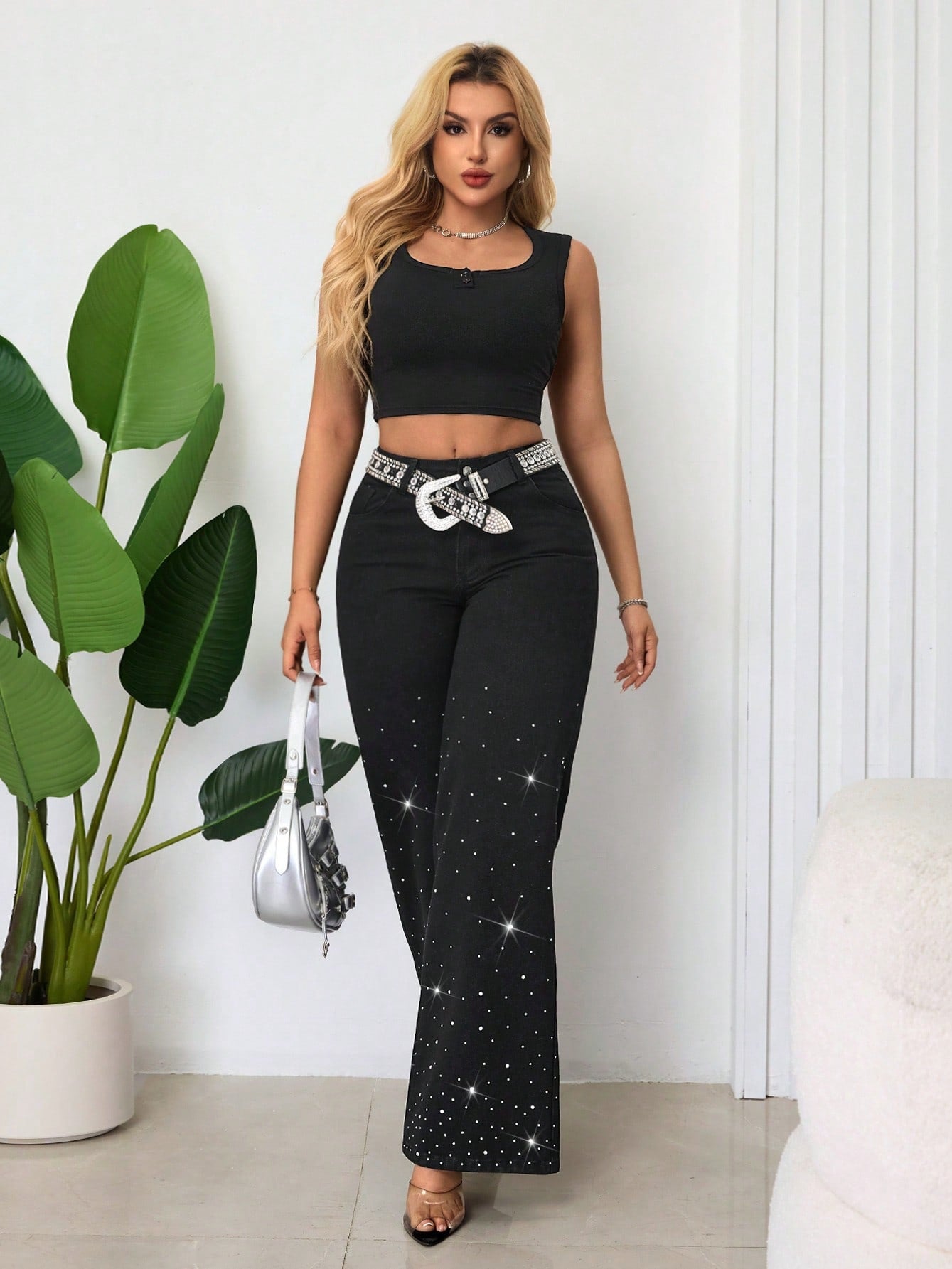 Beaded Women Street Loose Wide Leg Trend Denim Pants 6