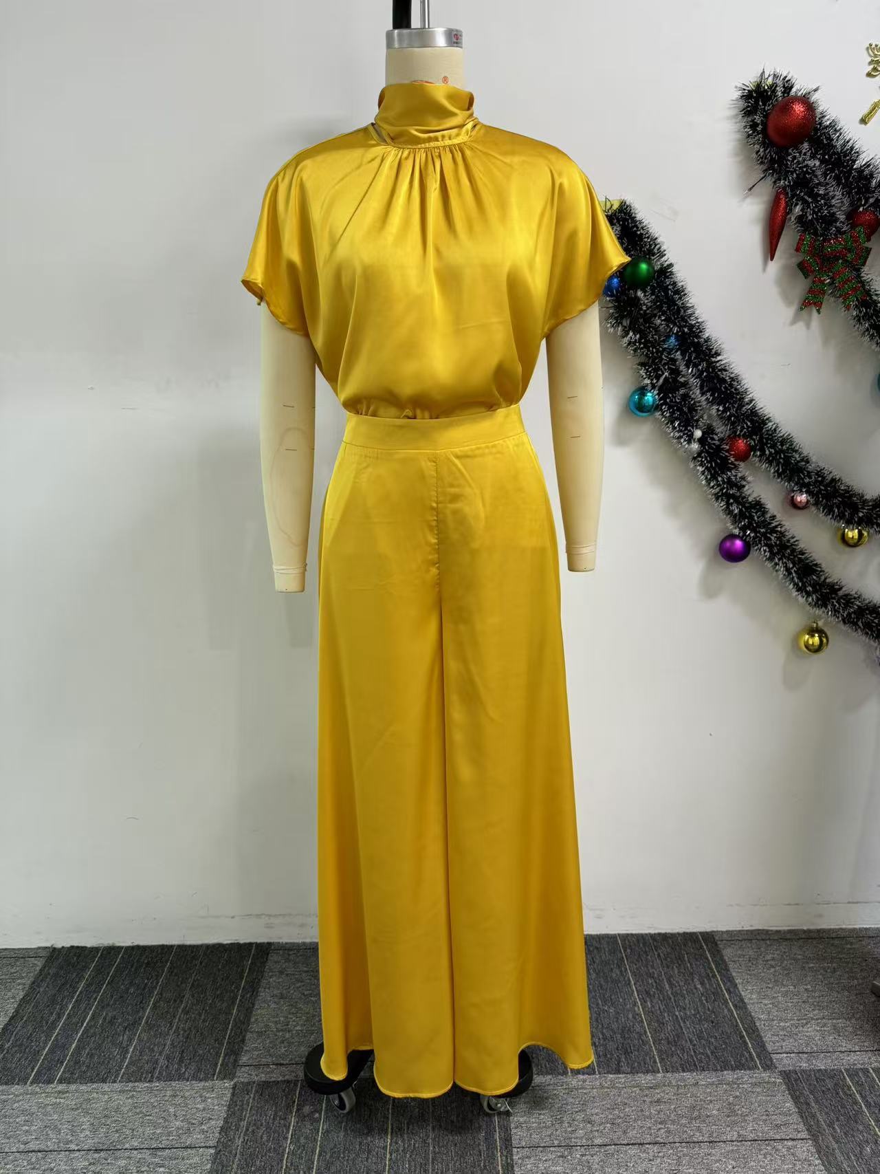 Satin Lace-Up Flying Sleeve Top Wide-Leg Pants Two-Piece Set 9