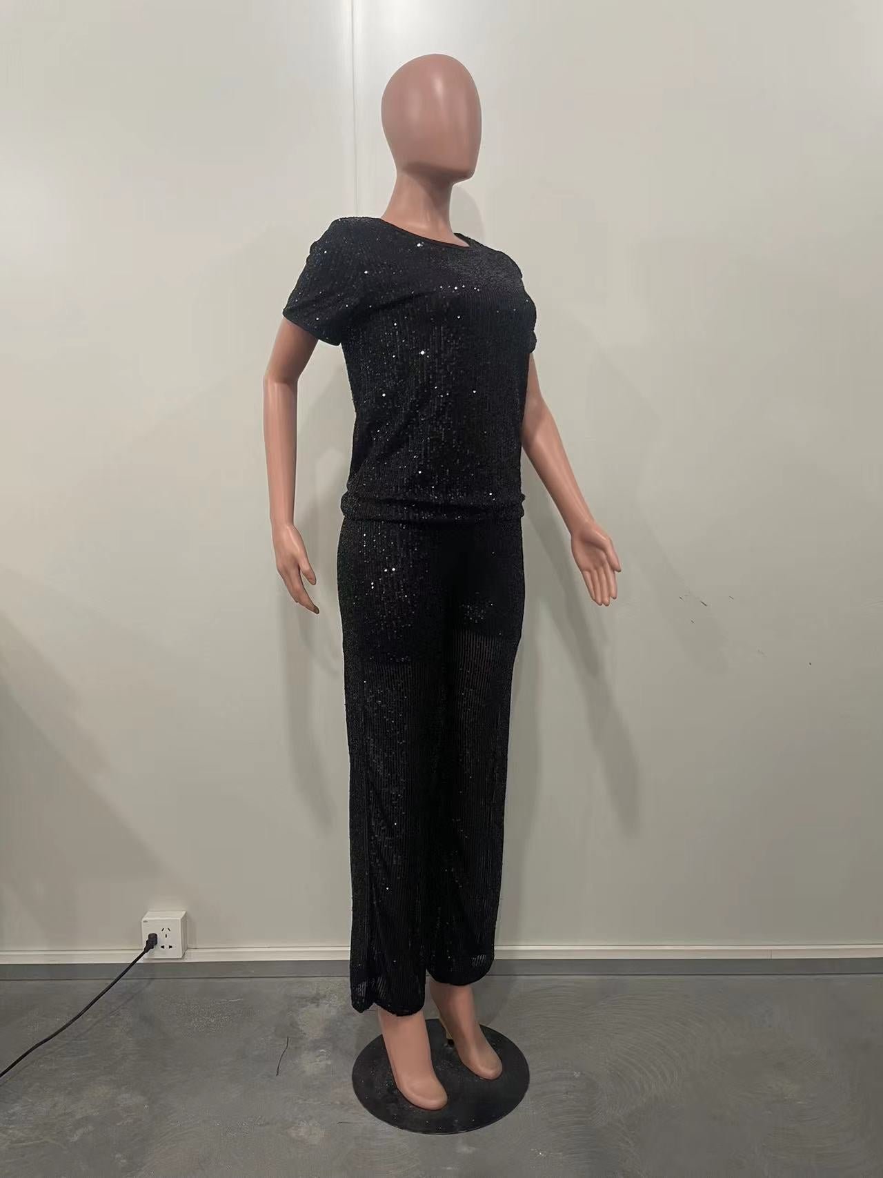 Women Spring Summer Sequin Solid Short Sleeve Top and Pants Two-piece Set 12