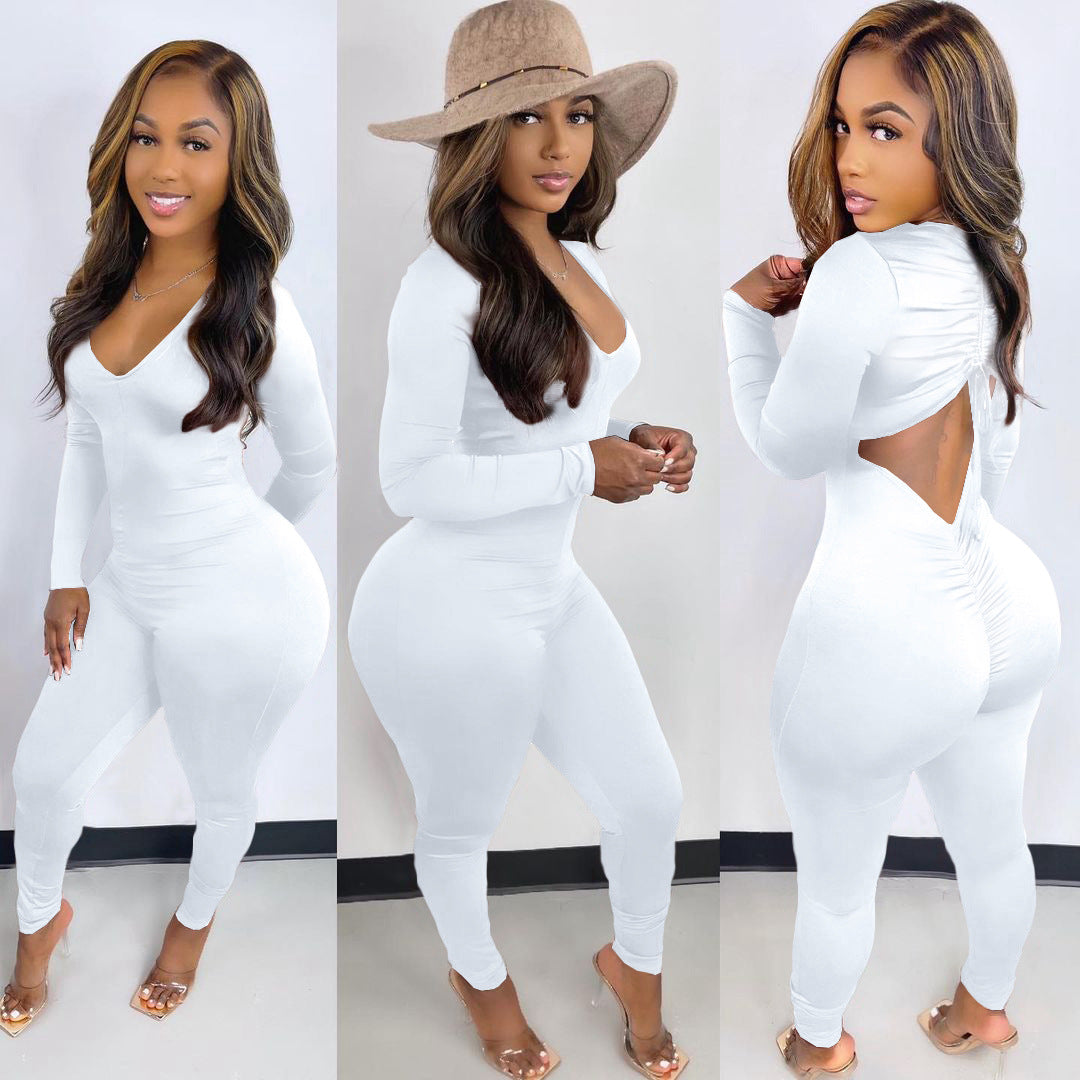 Women's Back Drawstring Scrunch Butt Sexy Jumpsuit