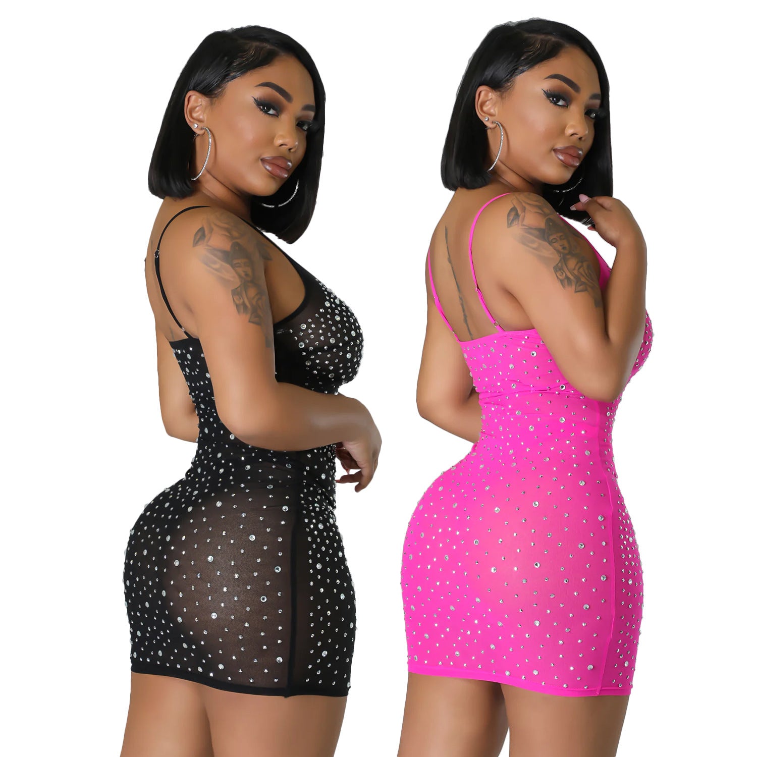 Summer Women's Sexy Mesh Beaded Nightclub Sling Short Dress 7
