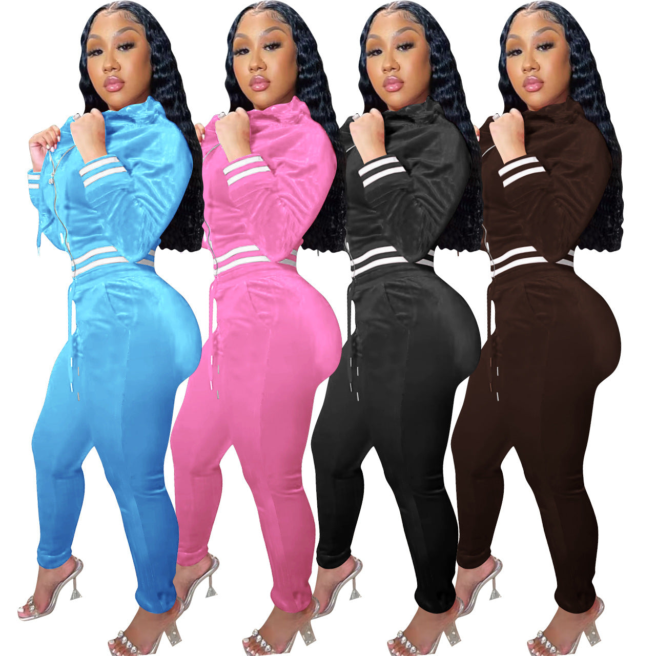 Women Long Sleeve Zipper Top and Pant Two-Piece Set 4