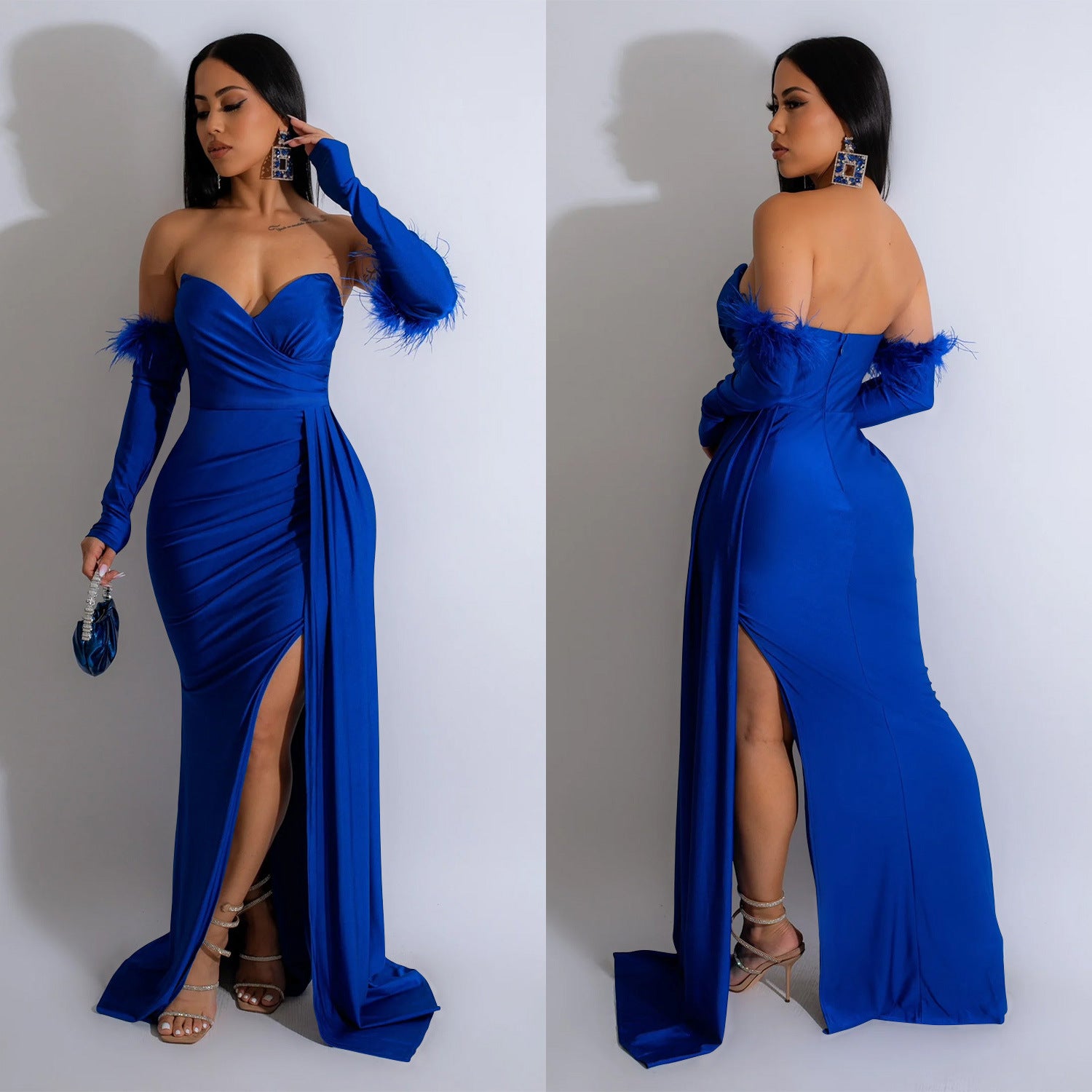 Fashion Women's Solid Color Pleated Low Back Slit Maxi Dress 3