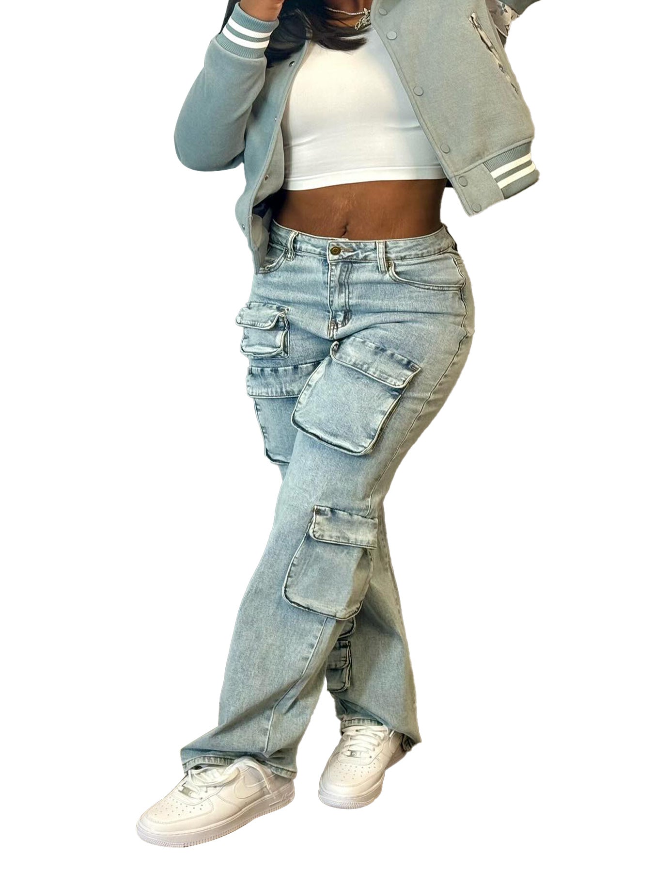 Women's Fashion Stretch Denim Fabric Multi-Pocket Cargo Style Denim Pants 8