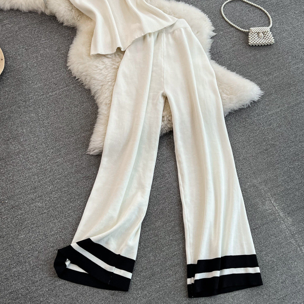 Fashion Women Sleeveless Slim Knitting Top Casual High Waist Straight Wide-Leg Pants Two-Piece Set 8