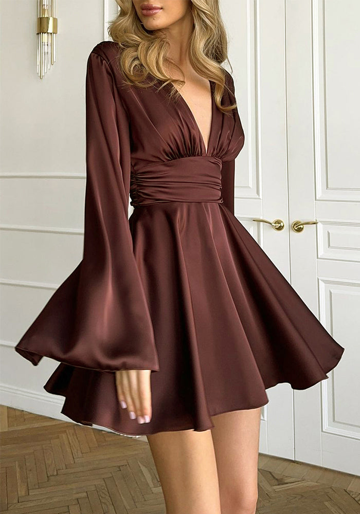 Bell Sleeve Solid Long Sleeve Sexy V-Neck Slim Waist Mini Party Dress