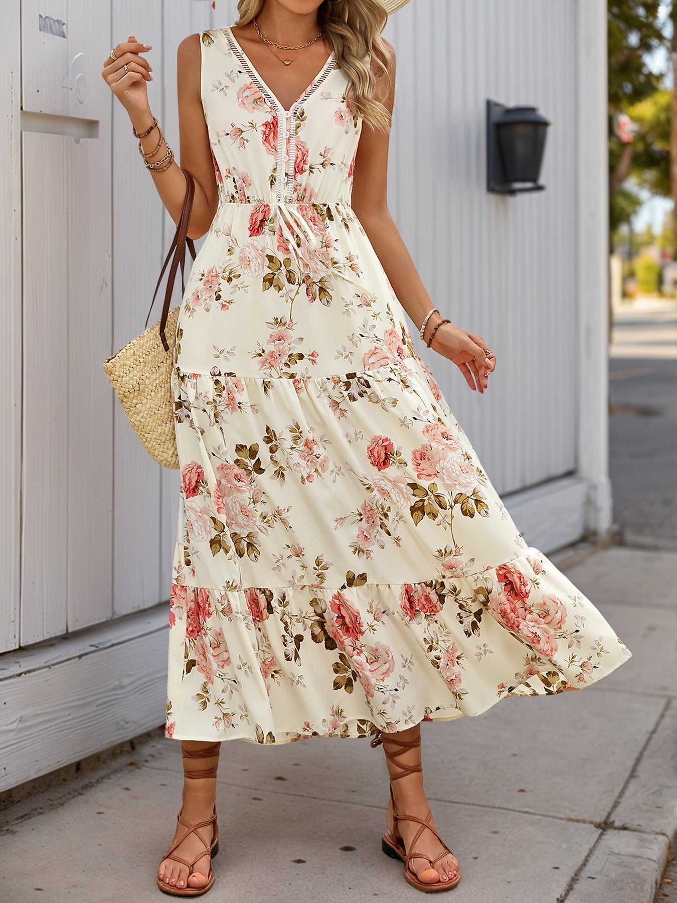 summer women's floral printed sleeveless V-neck casual dress