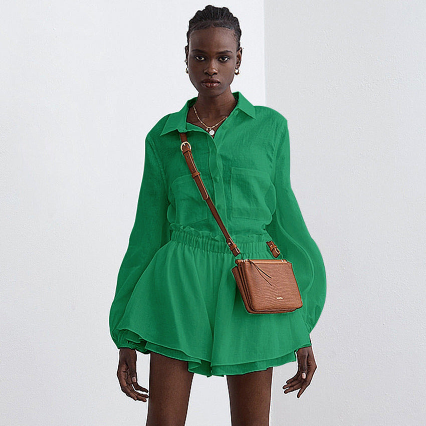 Women casual long-sleeved top and ruffled shorts Two Piece Set 7