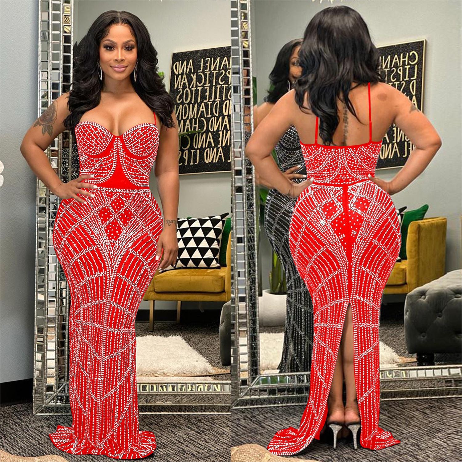 Women Solid Beaded Mesh Sleeveless Maxi Dress 4