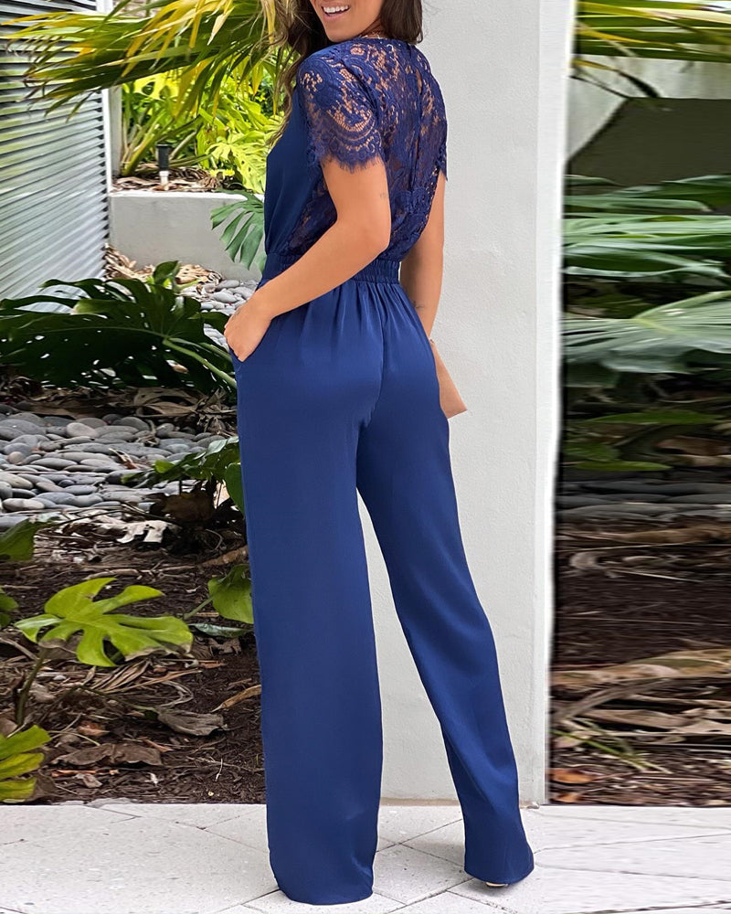 Women's Solid Color Short-sleeved Lace Patchwork Elastic Waist Casual Jumpsuit 4