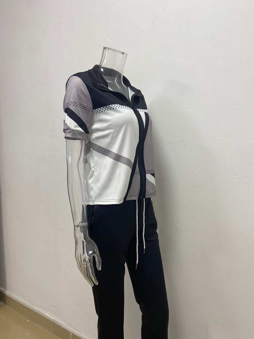 Women Spring Summer Fashion Print Zipper Top and Pant Two-Piece Set 26