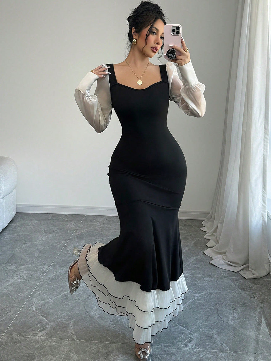 Women autumn long-sleeved contrast color fishtail dress 4