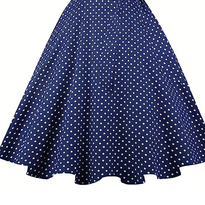 Women's Polka Dot Belted Slim Waist Puff Sleeve Retro Swing Dress 5