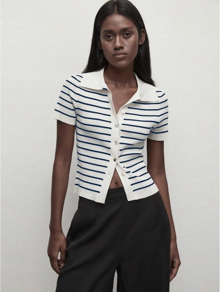 Autumn Winter Turndown Collar Slim Fit Striped Short Sleeve Women Knit Cardigan 14