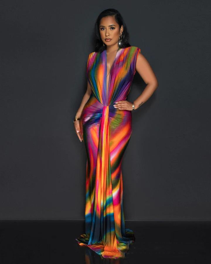 Spring Printed V-Neck Sleeveless Casual Pleated Long Dress 3