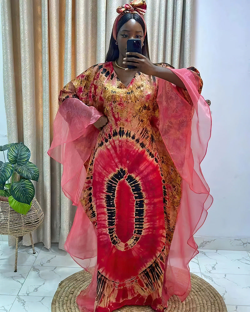 Women's clothing African long robe mesh print dress with headscarf 6