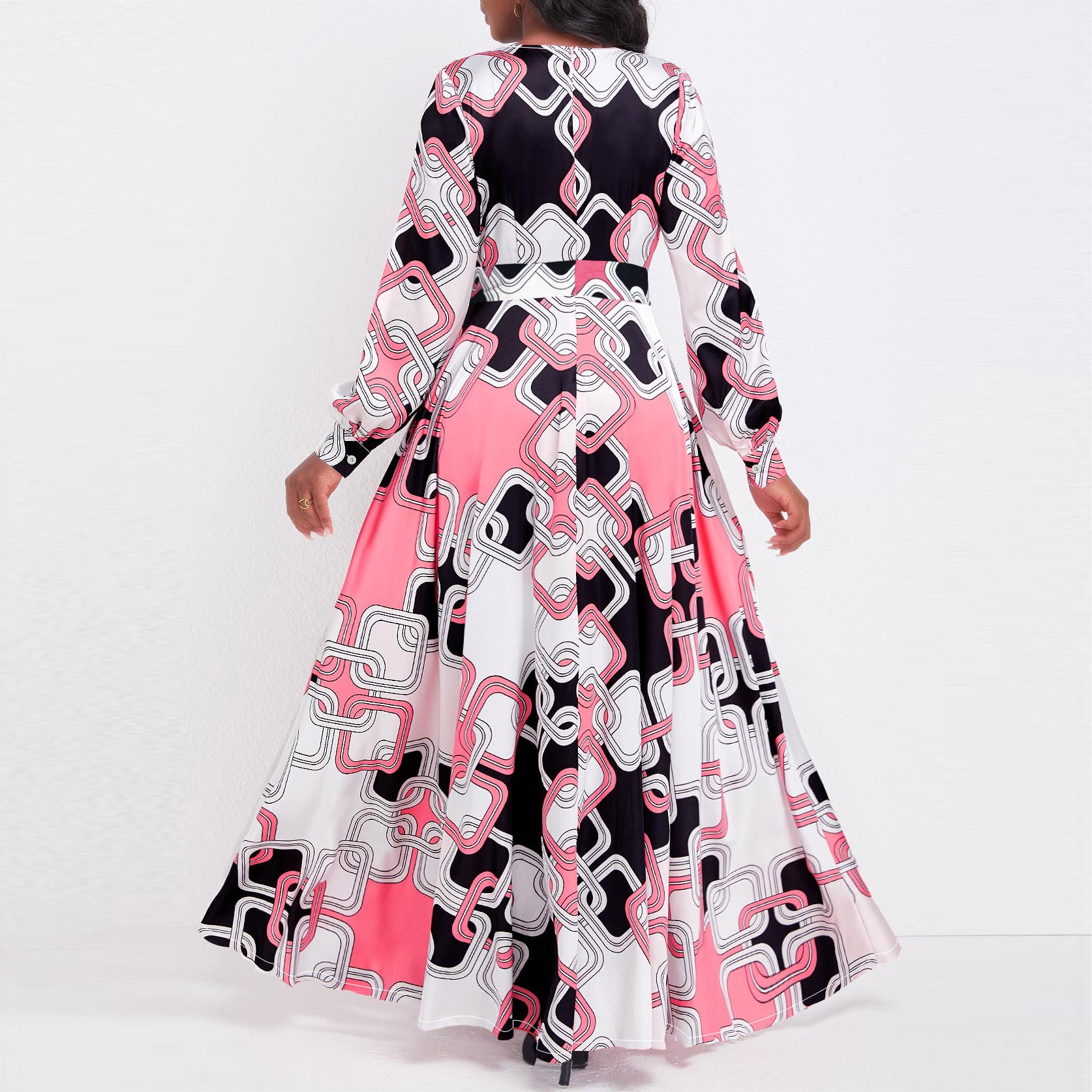 Women elegant printed v-neck beltless dress 4