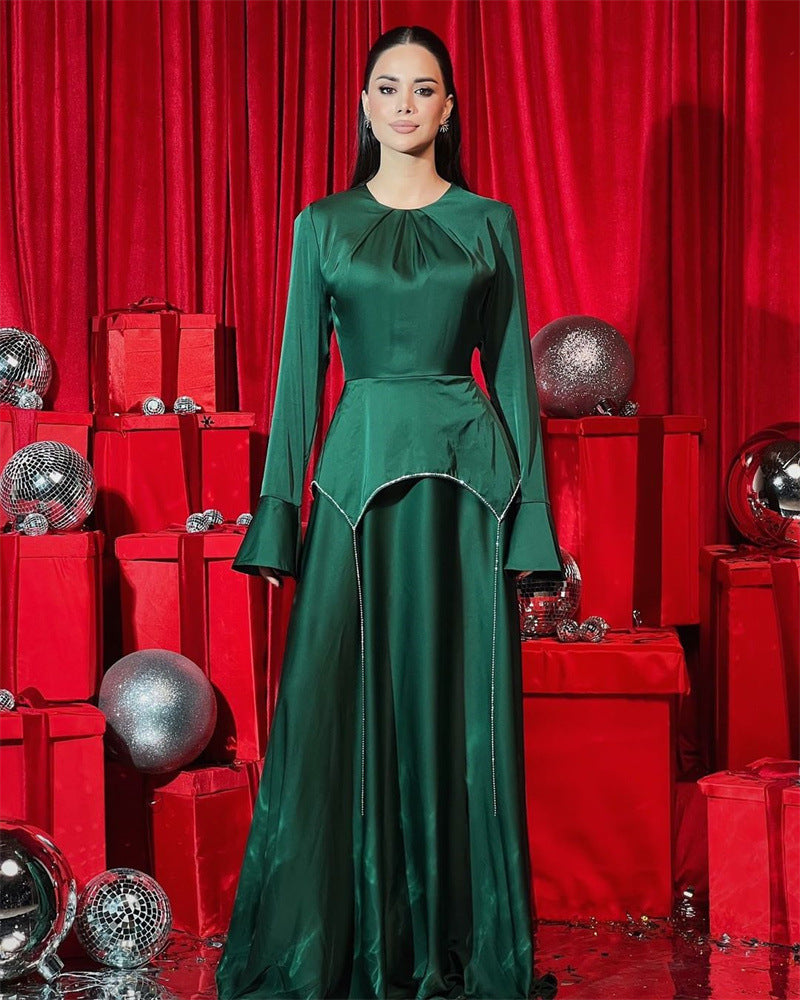 Women's Fashionable Solid Color Long Sleeve Chic Diamond Chain Long Dress 3