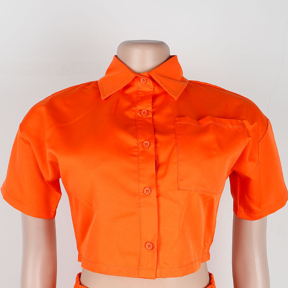 Women Casual Short Sleeve Shirt + Shorts Two Piece Set 17