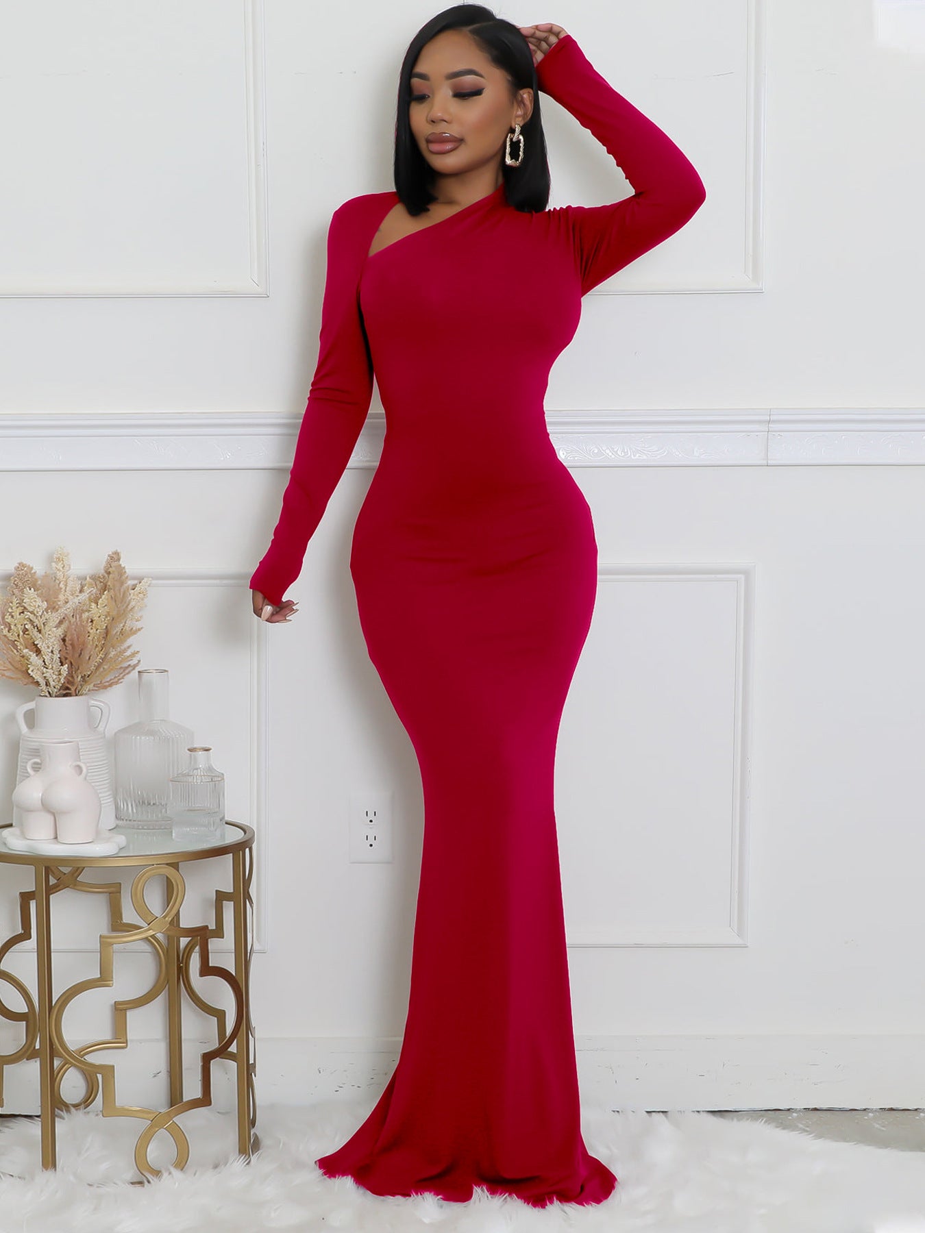 Women Solid Long-Sleeve Slash Shoulder Fishtail Bodycon Dress